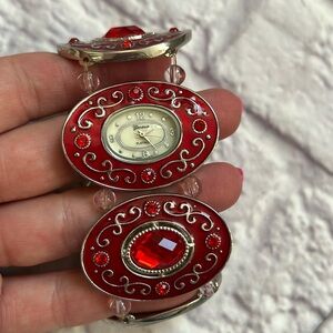 Vintage Geneva platinum stainless steel red enamel bracelet watch